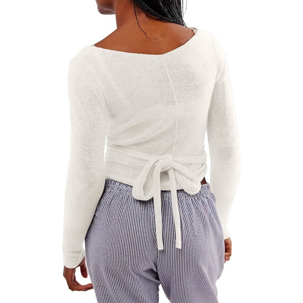 Womens Wool Crop Top Tie Front Long Sleeve V-Neck Reversible Slim Fit